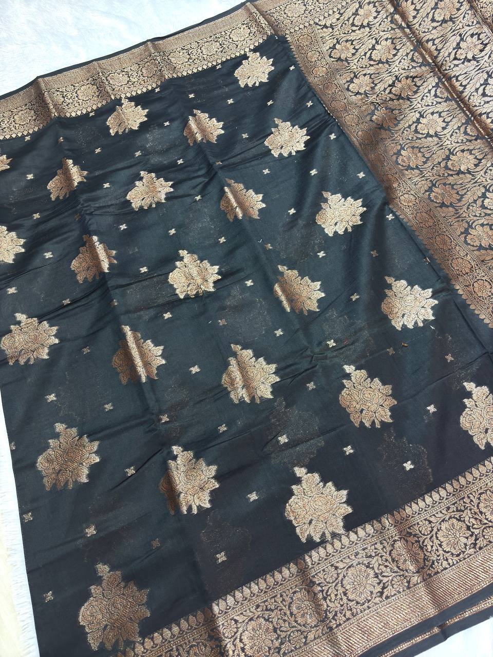 Jet Black Cotton Chanderi Silk Saree with Banarasi Antique Zari Floral Butas & Ornate Pallu
