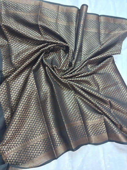 Jet Black Cotton Chanderi Silk Saree with Banarasi Antique Zari Floral Butas & Ornate Pallu