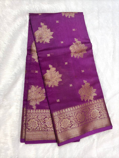 Royal Purple Cotton Chanderi Silk Saree with Banarasi Antique Zari Floral Butas & Dense Pallu