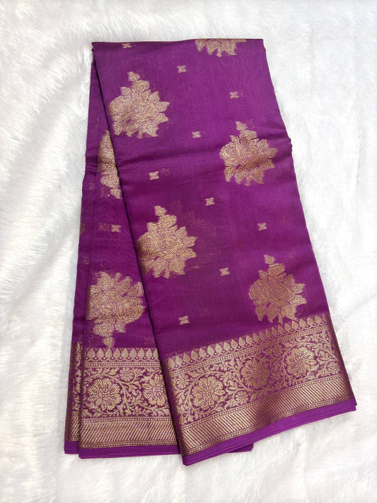 Royal Purple Cotton Chanderi Silk Saree with Banarasi Antique Zari Floral Butas & Dense Pallu