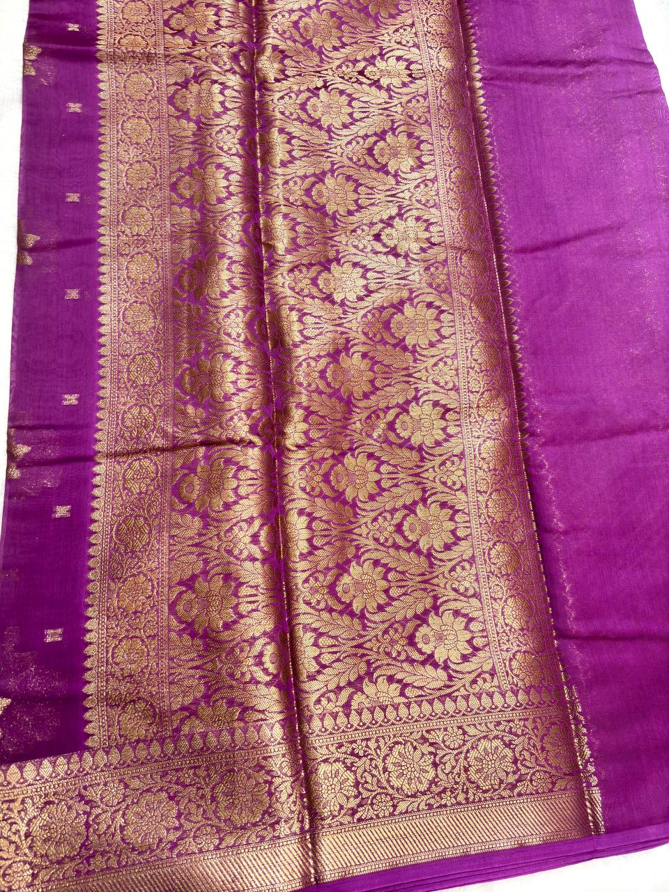 Royal Purple Cotton Chanderi Silk Saree with Banarasi Antique Zari Floral Butas & Dense Pallu