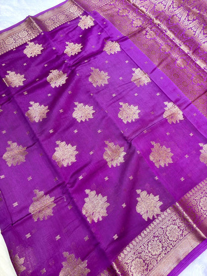 Royal Purple Cotton Chanderi Silk Saree with Banarasi Antique Zari Floral Butas & Dense Pallu