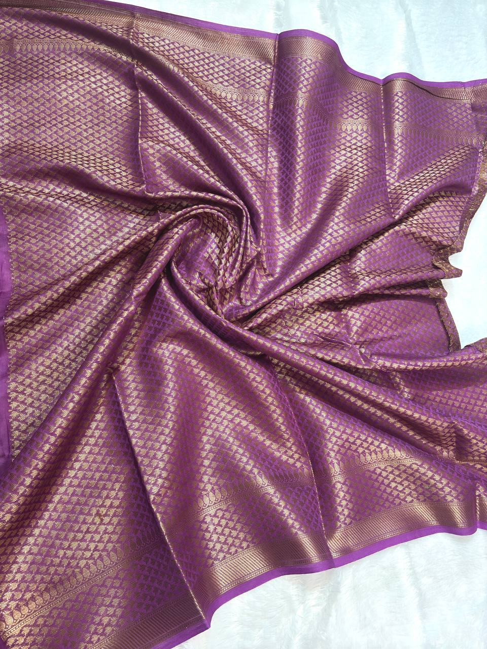 Royal Purple Cotton Chanderi Silk Saree with Banarasi Antique Zari Floral Butas & Dense Pallu