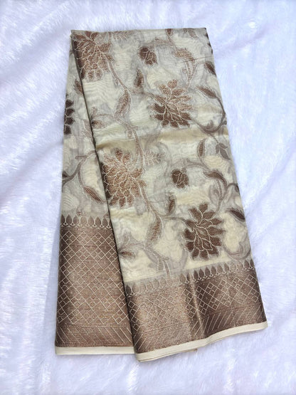 Off-White Cotton Chanderi Silk Saree with Banarasi Rose Gold All-Over Floral Jaal & Meenakari Pallu