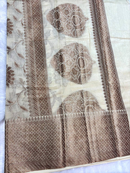 Off-White Cotton Chanderi Silk Saree with Banarasi Rose Gold All-Over Floral Jaal & Meenakari Pallu