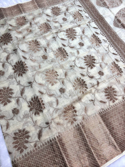 Off-White Cotton Chanderi Silk Saree with Banarasi Rose Gold All-Over Floral Jaal & Meenakari Pallu