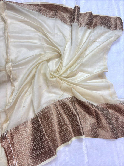 Off-White Cotton Chanderi Silk Saree with Banarasi Rose Gold All-Over Floral Jaal & Meenakari Pallu
