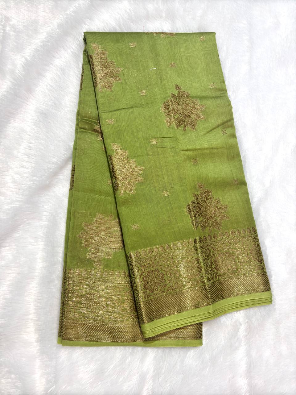 Olive Green Cotton Chanderi Silk Saree with Banarasi Antique Zari Floral Butas & Ornate Pallu