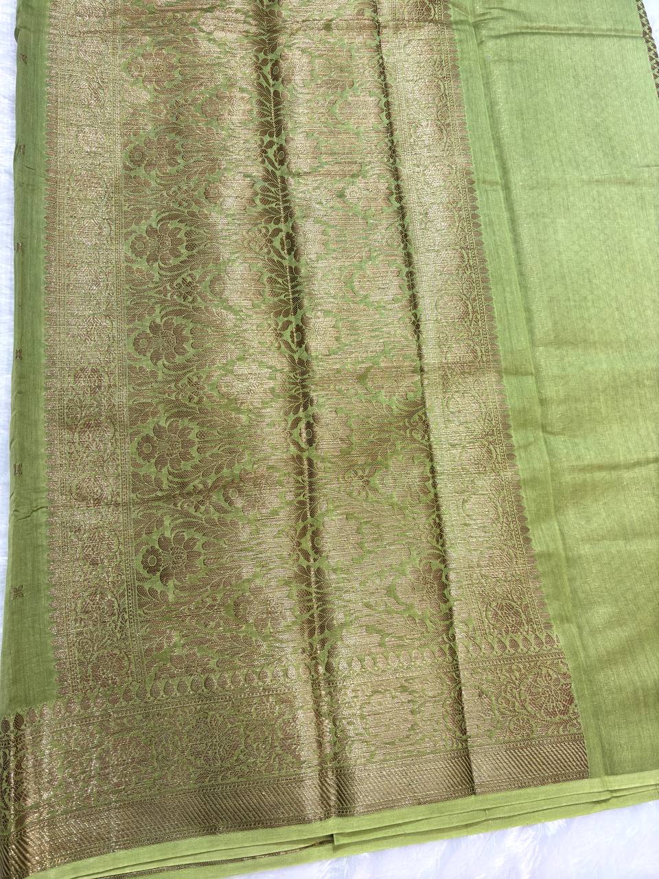 Olive Green Cotton Chanderi Silk Saree with Banarasi Antique Zari Floral Butas & Ornate Pallu