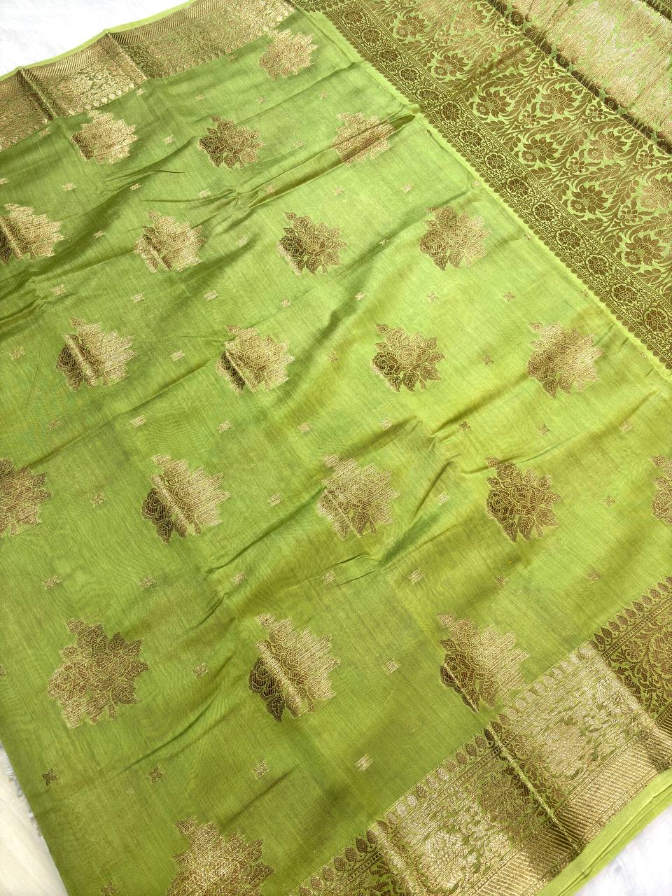 Olive Green Cotton Chanderi Silk Saree with Banarasi Antique Zari Floral Butas & Ornate Pallu