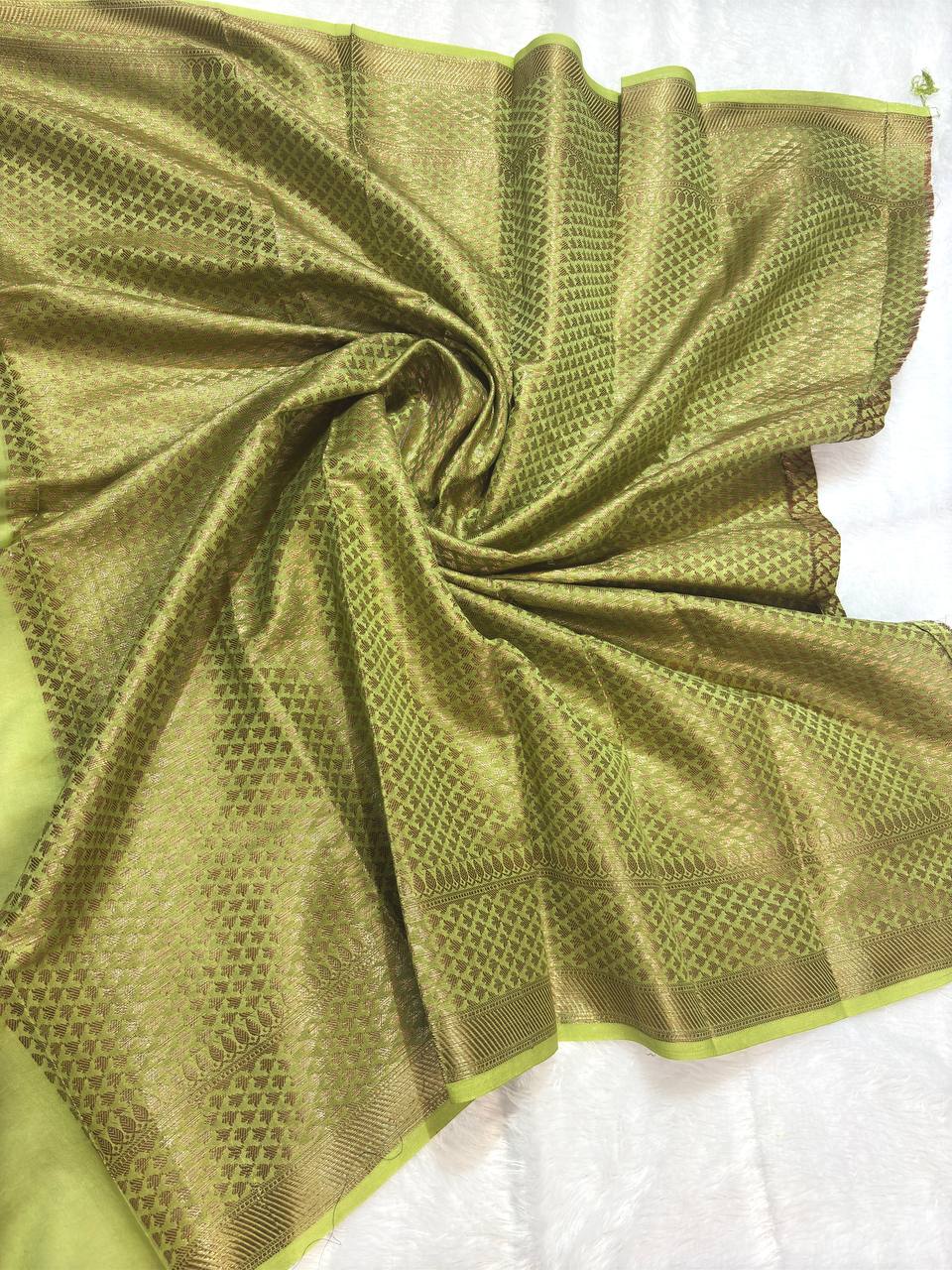 Olive Green Cotton Chanderi Silk Saree with Banarasi Antique Zari Floral Butas & Ornate Pallu