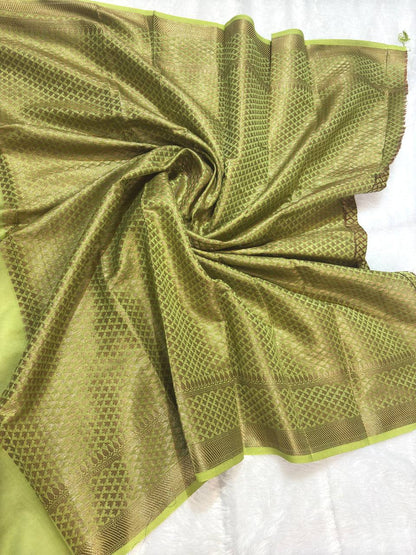 Olive Green Cotton Chanderi Silk Saree with Banarasi Antique Zari Floral Butas & Ornate Pallu