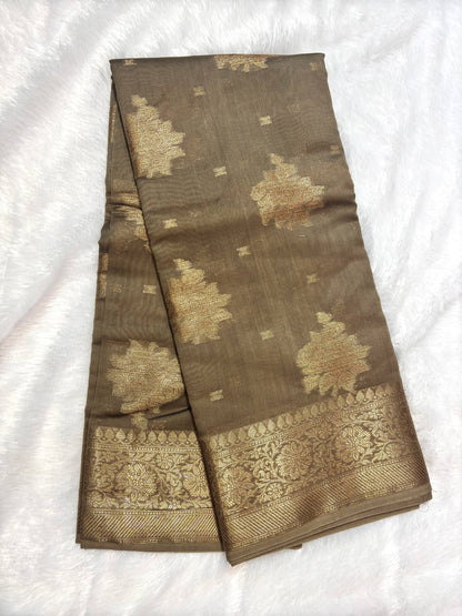 Metallic Taupe Cotton Chanderi Silk Saree with Banarasi Antique Gold Floral Butas & Ornate Pallu