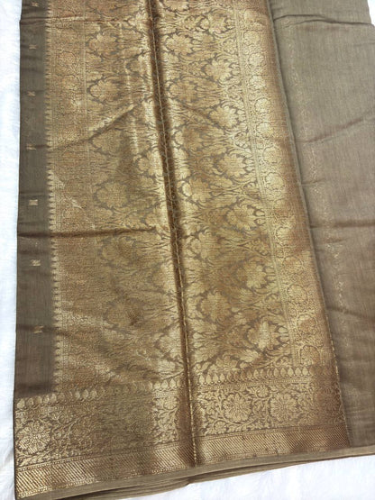 Metallic Taupe Cotton Chanderi Silk Saree with Banarasi Antique Gold Floral Butas & Ornate Pallu