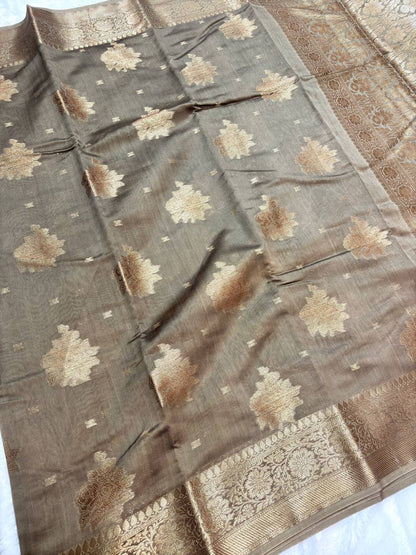 Metallic Taupe Cotton Chanderi Silk Saree with Banarasi Antique Gold Floral Butas & Ornate Pallu