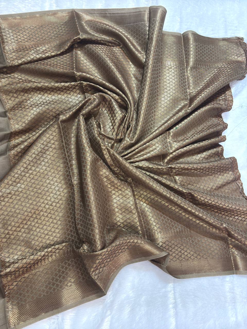 Metallic Taupe Cotton Chanderi Silk Saree with Banarasi Antique Gold Floral Butas & Ornate Pallu