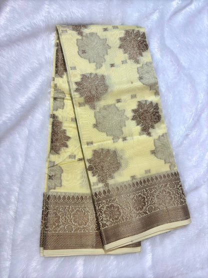 Cream Cotton Chanderi Silk Saree with Banarasi Rose Gold Floral Butas & Dense Pallu