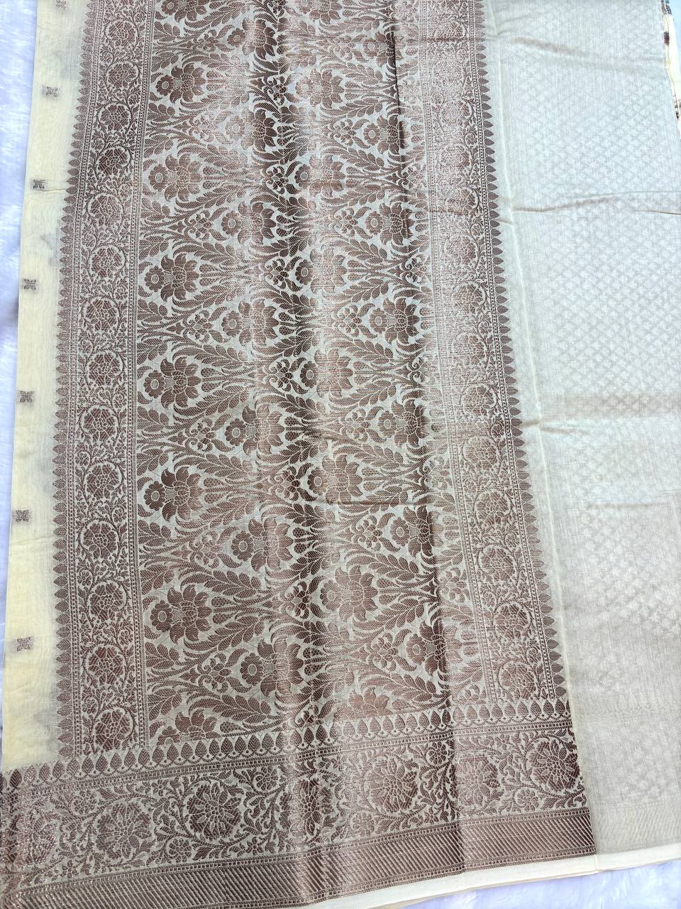 Cream Cotton Chanderi Silk Saree with Banarasi Rose Gold Floral Butas & Dense Pallu