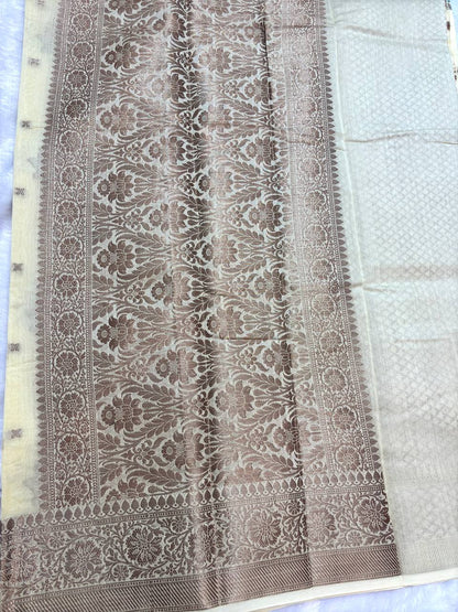 Cream Cotton Chanderi Silk Saree with Banarasi Rose Gold Floral Butas & Dense Pallu