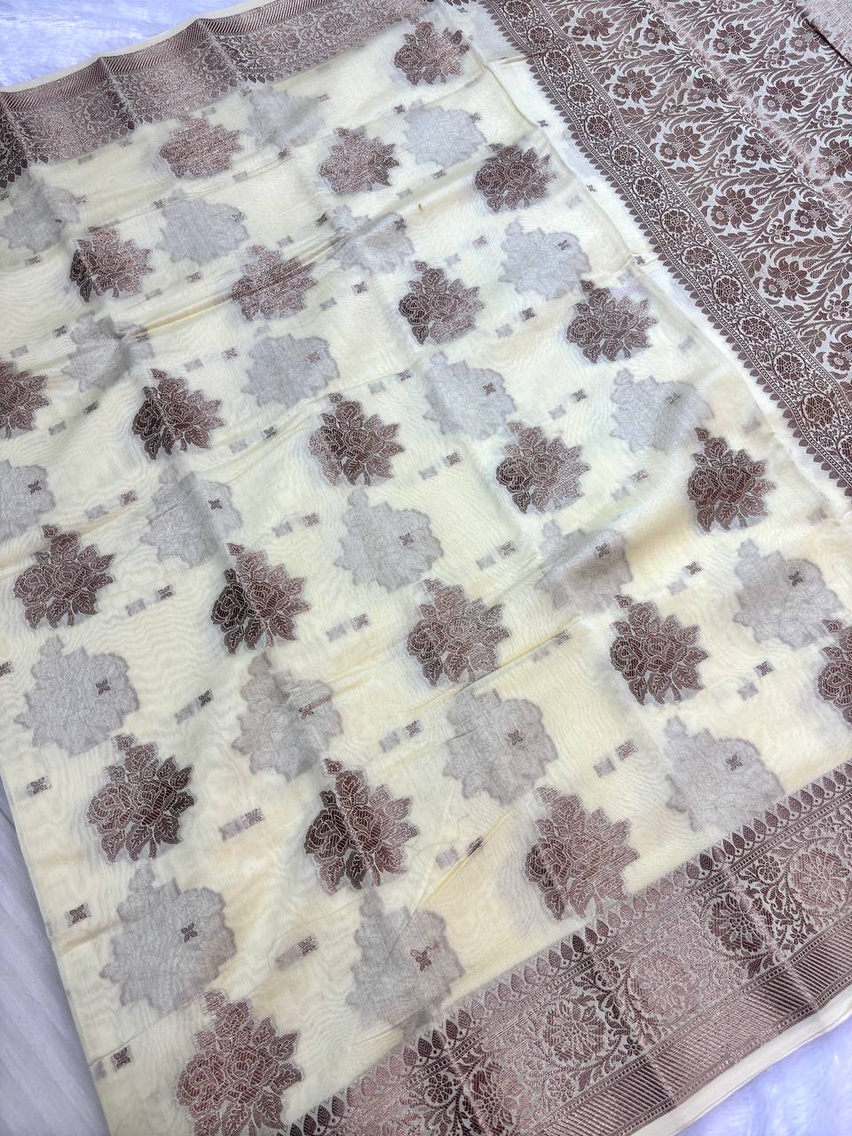 Cream Cotton Chanderi Silk Saree with Banarasi Rose Gold Floral Butas & Dense Pallu