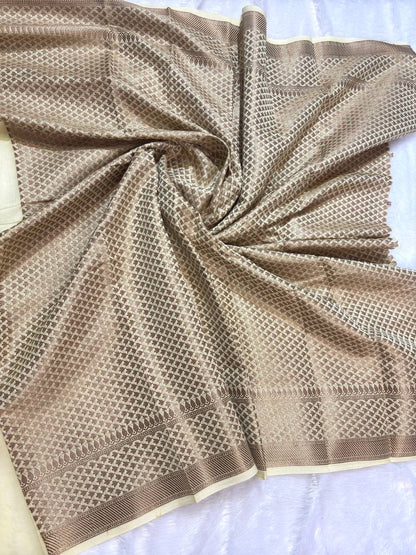 Cream Cotton Chanderi Silk Saree with Banarasi Rose Gold Floral Butas & Dense Pallu