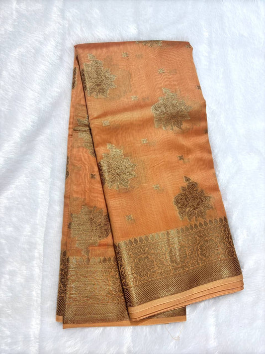 Peach Cotton Chanderi Silk Saree with Banarasi Antique Gold Floral Butas & Ornate Pallu