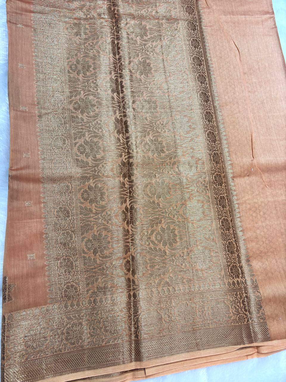 Peach Cotton Chanderi Silk Saree with Banarasi Antique Gold Floral Butas & Ornate Pallu