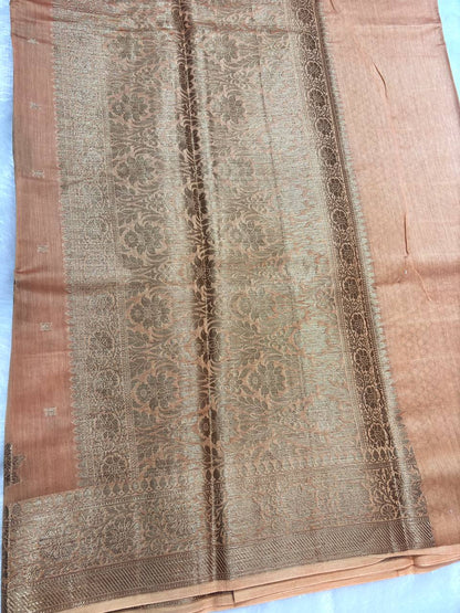 Peach Cotton Chanderi Silk Saree with Banarasi Antique Gold Floral Butas & Ornate Pallu