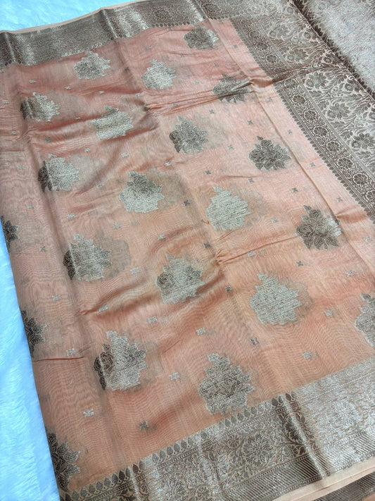 Peach Cotton Chanderi Silk Saree with Banarasi Antique Gold Floral Butas & Ornate Pallu