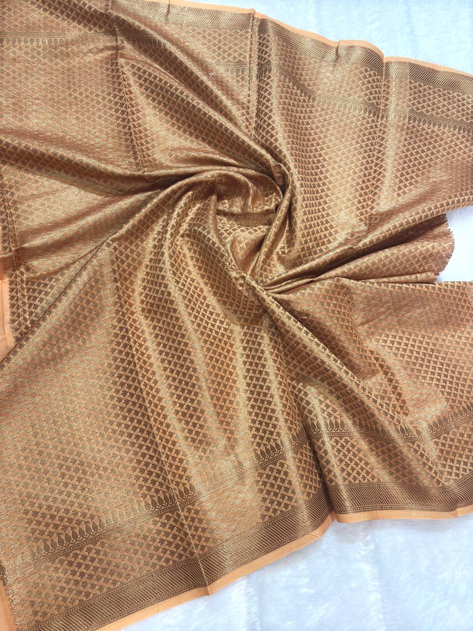 Peach Cotton Chanderi Silk Saree with Banarasi Antique Gold Floral Butas & Ornate Pallu