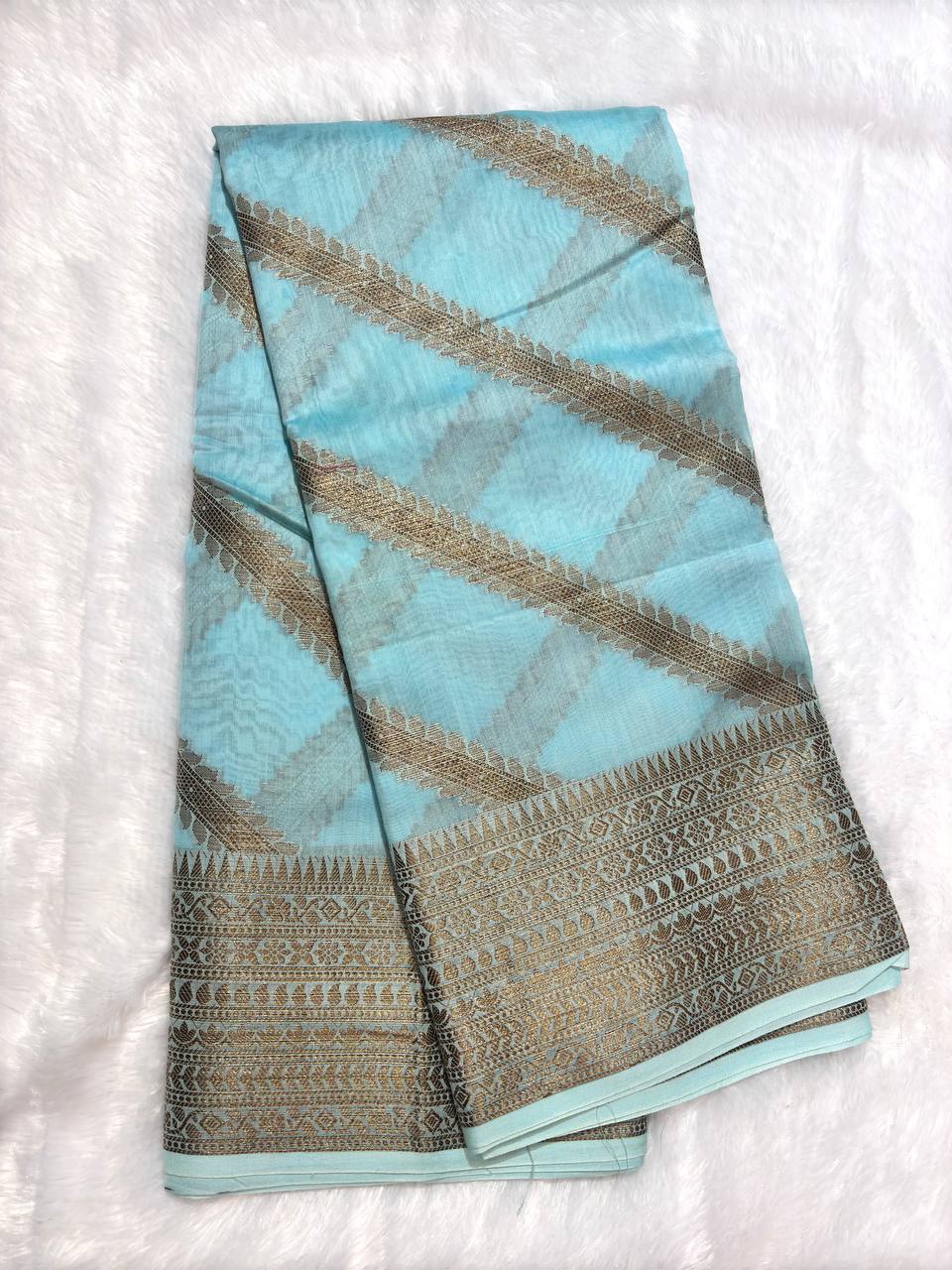 Sky Blue Cotton Chanderi Silk Saree with Banarasi Antique Zari Diagonal Stripes & Detailed Pallu