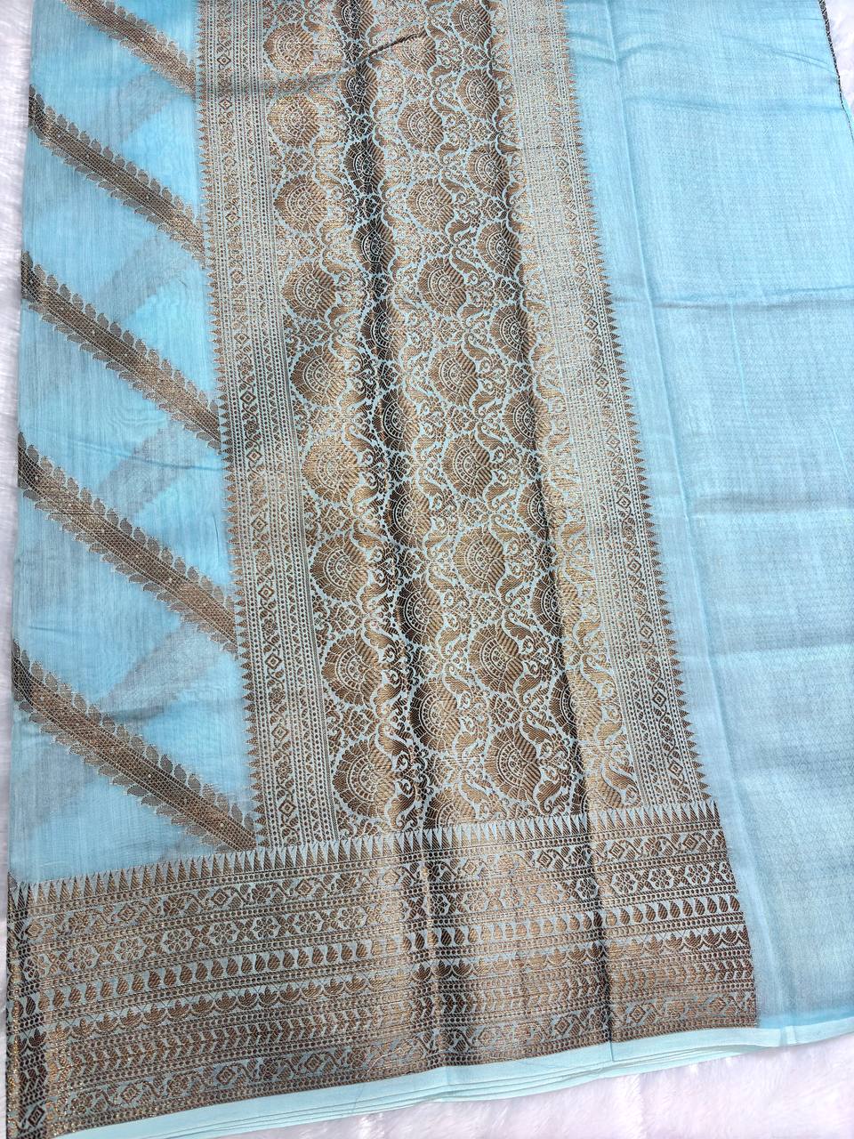 Sky Blue Cotton Chanderi Silk Saree with Banarasi Antique Zari Diagonal Stripes & Detailed Pallu