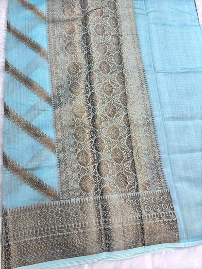 Sky Blue Cotton Chanderi Silk Saree with Banarasi Antique Zari Diagonal Stripes & Detailed Pallu