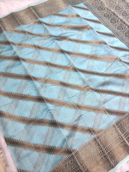 Sky Blue Cotton Chanderi Silk Saree with Banarasi Antique Zari Diagonal Stripes & Detailed Pallu
