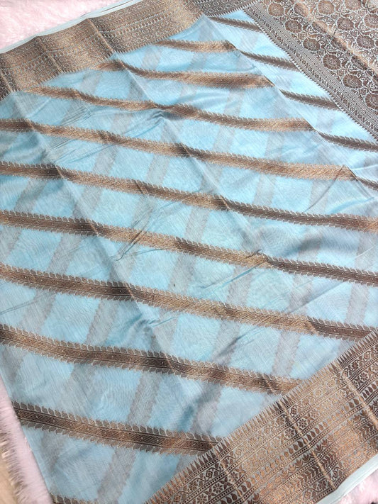 Sky Blue Cotton Chanderi Silk Saree with Banarasi Antique Zari Diagonal Stripes & Detailed Pallu