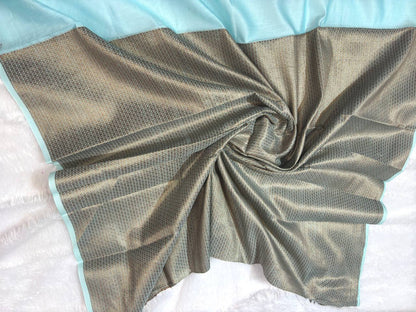 Sky Blue Cotton Chanderi Silk Saree with Banarasi Antique Zari Diagonal Stripes & Detailed Pallu