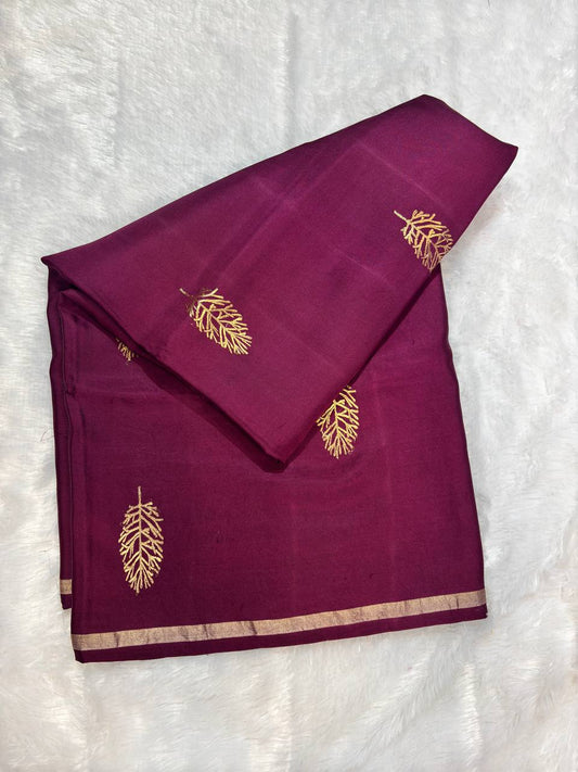 Deep Wine Mashru Silk Iktara Banarasi Saree with Zari Neem Jari Buta and Striped Blouse