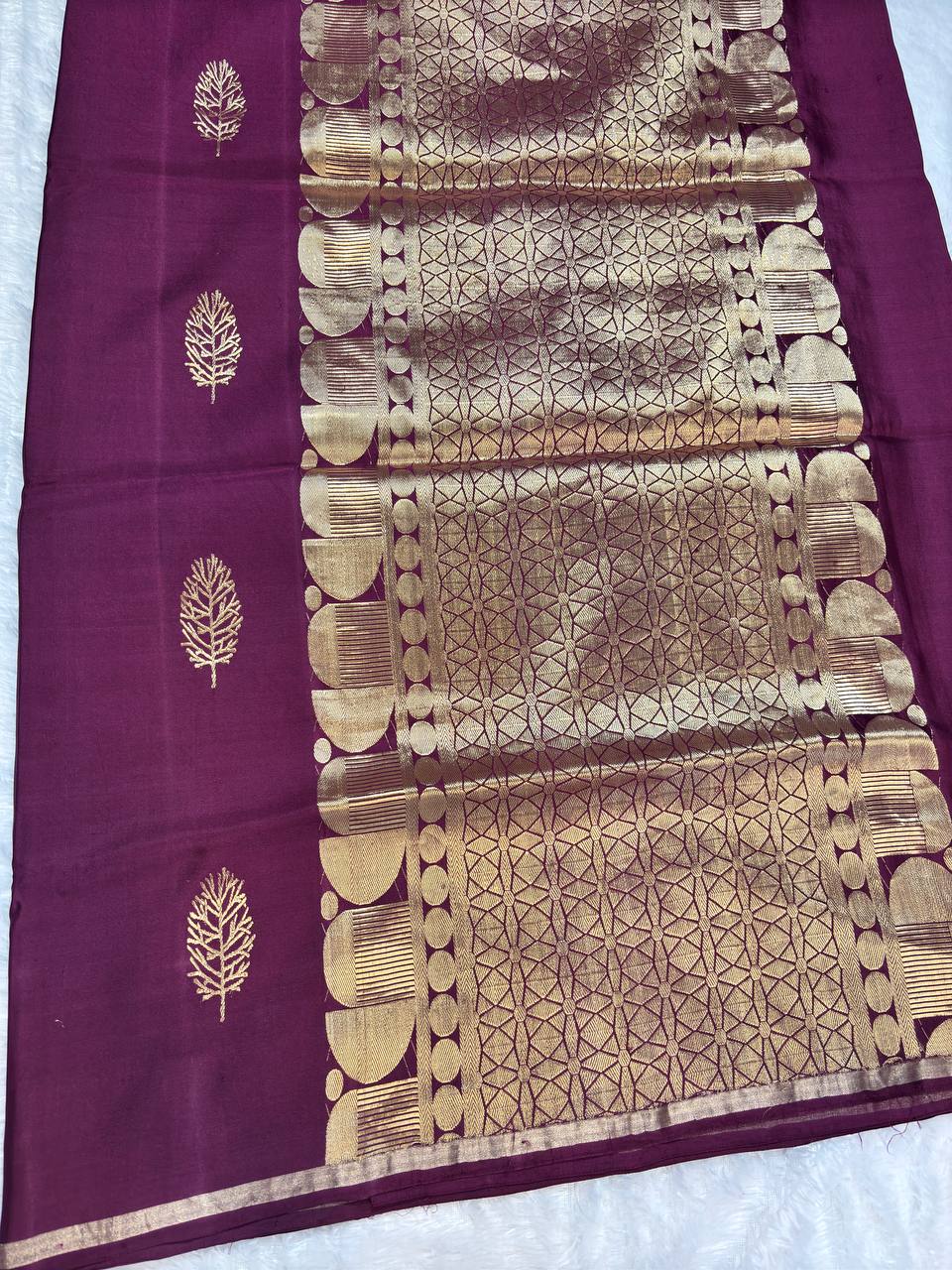 Deep Wine Mashru Silk Iktara Banarasi Saree with Zari Neem Jari Buta and Striped Blouse