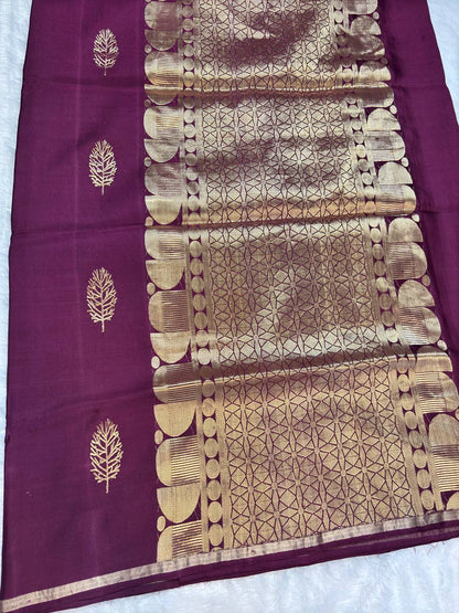 Deep Wine Mashru Silk Iktara Banarasi Saree with Zari Neem Jari Buta and Striped Blouse