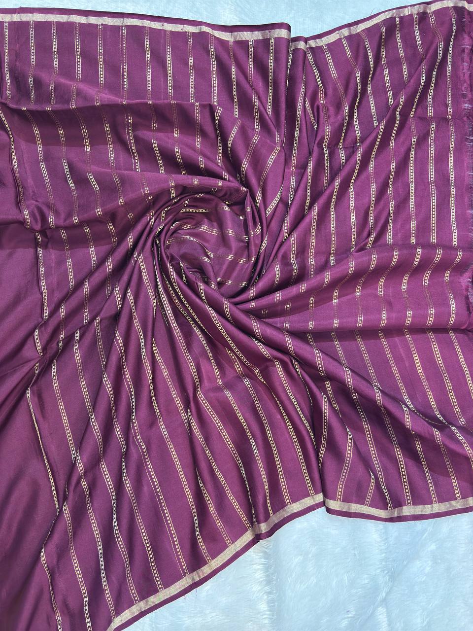 Deep Wine Mashru Silk Iktara Banarasi Saree with Zari Neem Jari Buta and Striped Blouse
