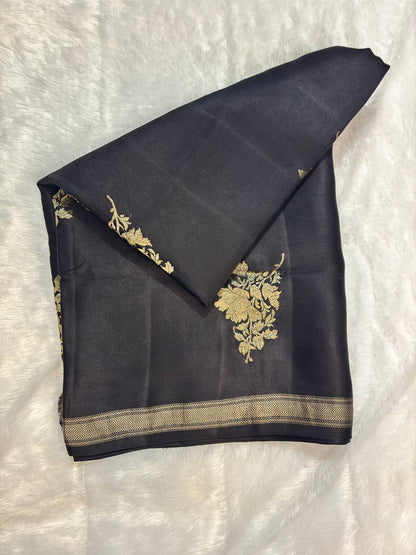 Jet Black Mashru Silk Iktara Banarasi Saree with Antique Zari Floral Gul Buta and Striped Blouse