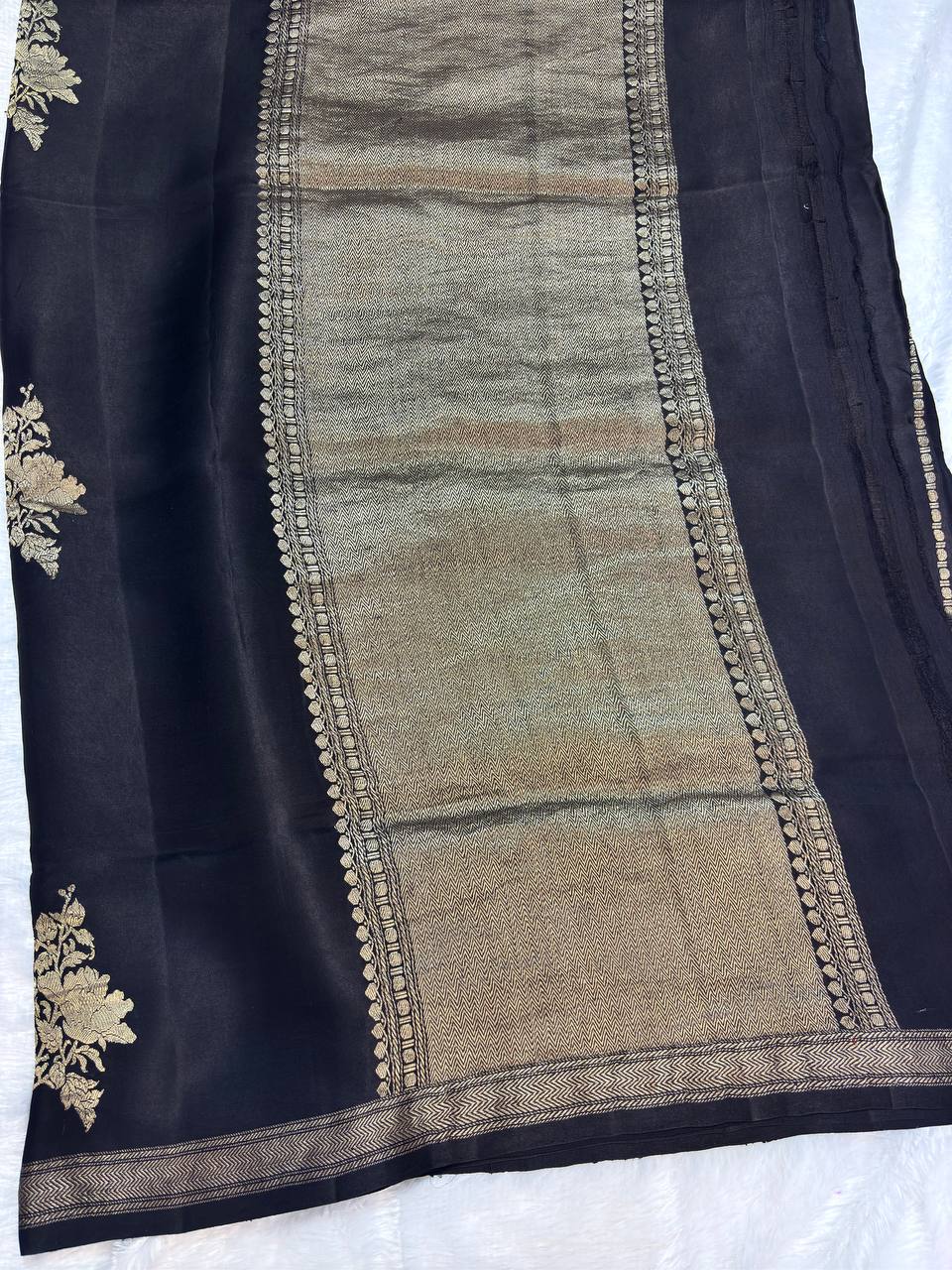 Jet Black Mashru Silk Iktara Banarasi Saree with Antique Zari Floral Gul Buta and Striped Blouse