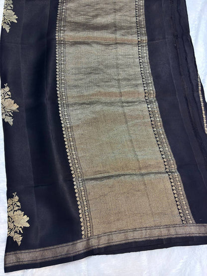 Jet Black Mashru Silk Iktara Banarasi Saree with Antique Zari Floral Gul Buta and Striped Blouse