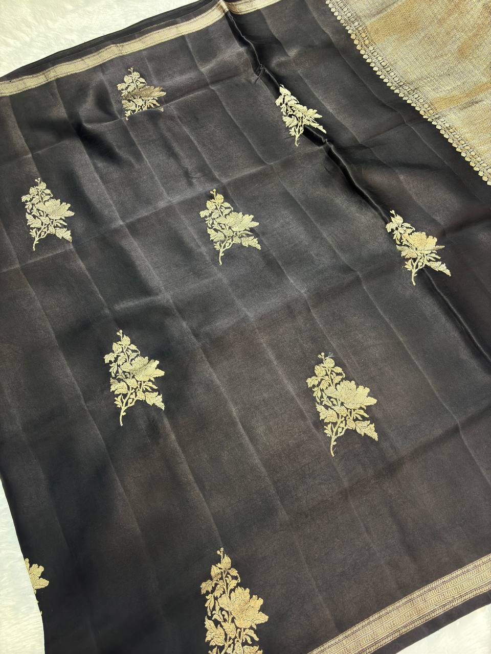 Jet Black Mashru Silk Iktara Banarasi Saree with Antique Zari Floral Gul Buta and Striped Blouse