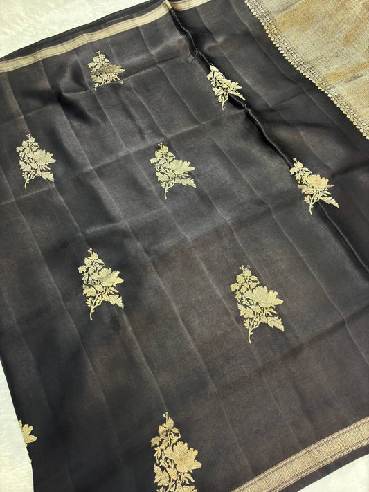 Jet Black Mashru Silk Iktara Banarasi Saree with Antique Zari Floral Gul Buta and Striped Blouse