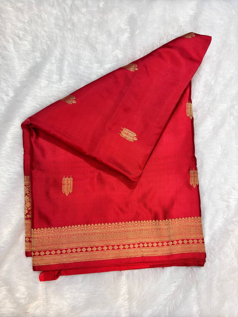Crimson Red Mashru Silk Iktara Banarasi Saree with Fine Zari Chevron Buta and Striped Blouse