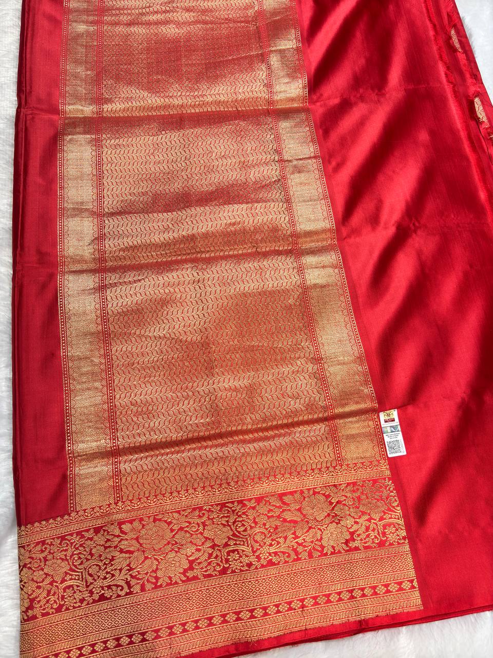 Crimson Red Mashru Silk Iktara Banarasi Saree with Fine Zari Chevron Buta and Striped Blouse