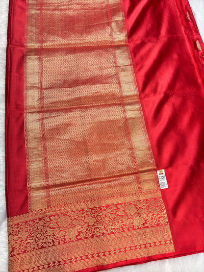 Crimson Red Mashru Silk Iktara Banarasi Saree with Fine Zari Chevron Buta and Striped Blouse