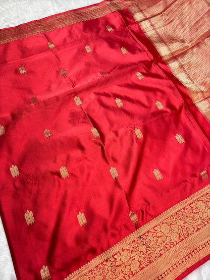 Crimson Red Mashru Silk Iktara Banarasi Saree with Fine Zari Chevron Buta and Striped Blouse