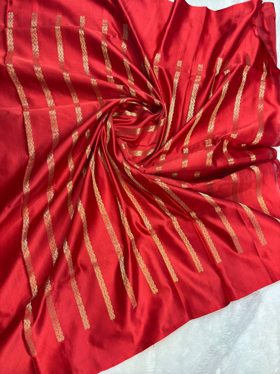 Crimson Red Mashru Silk Iktara Banarasi Saree with Fine Zari Chevron Buta and Striped Blouse